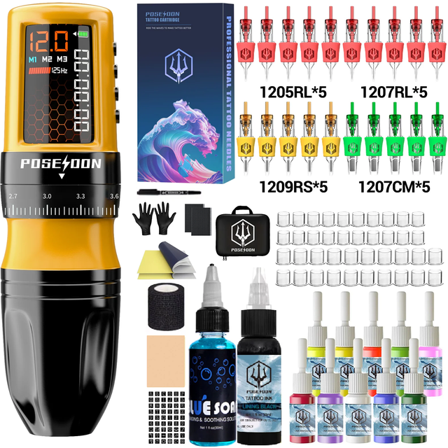 POSEIDON Tattoo Kit Or Tattoo Machnie Yellow Bee For Permanent Makeup Tattoo Machine Kit Adjustable Wireless Tattoo Gun Kit