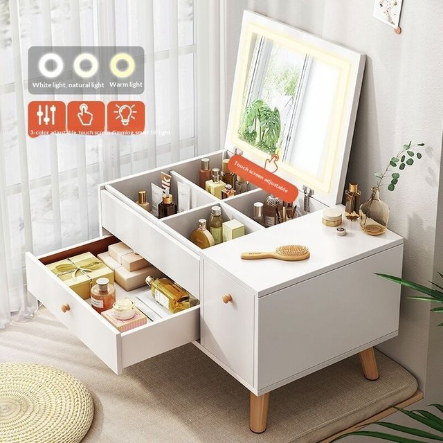 Window Seat Vanity Table Modern LED Makeup Mirror Storage Drawers Compact Small Bedroom Smart Design Bedroom Furniture Dresser