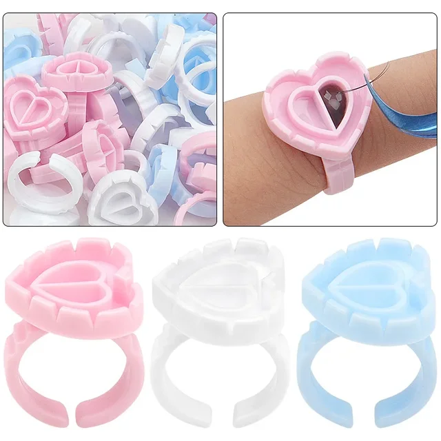 100 PCS Eyelash Extension Holder Pallet Lash Makeup Supplies Tools Disposable Plastic Ring Cup Glue Tattoo Pigment Heart-shaped