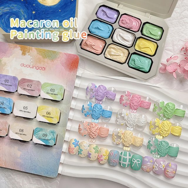 9-Grid Macaron Oil Painting Gel Complete Set - Nail Gel Macaron Oil Painting No Wipe Nail Polish Gel Vibrant Colors