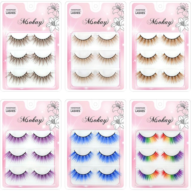 3 Pairs Rainbow Colored Eyelashes Brown Cosplay False Eyelashes Blonde Makeup Eye Lashes Colorful Blue Halloween Vegan Cilias