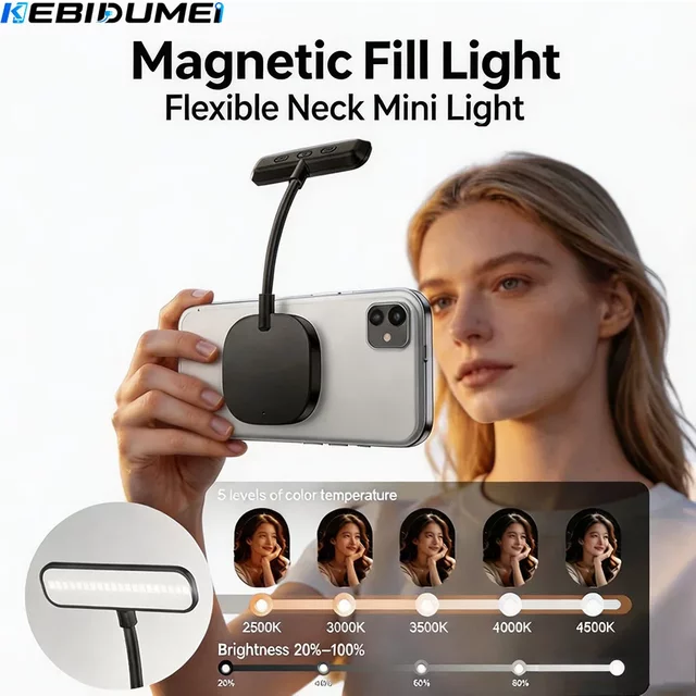 KEBIDUMEI Magnetic Selfie Fill Light Phone Holder 360 Adjustable Reading Light for Travel Vlog Desktop Selfies Video Makeup