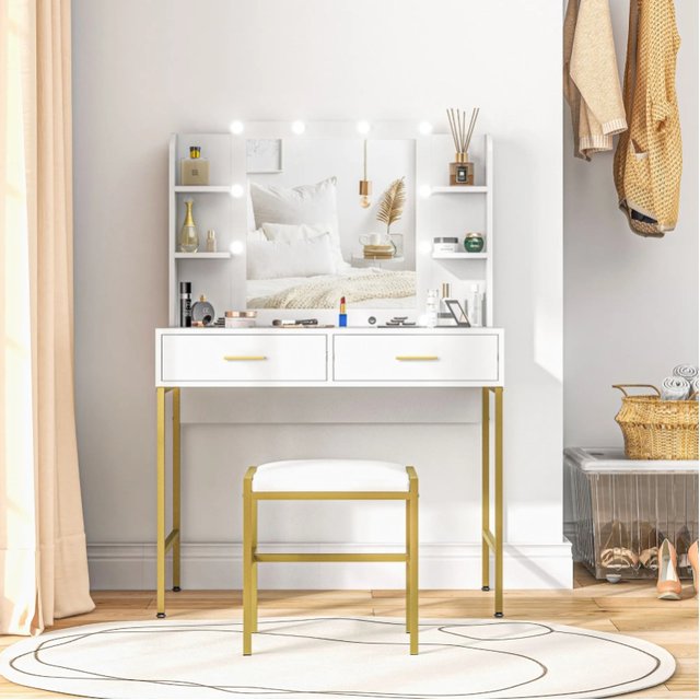HOMCOM Dressing Table with Mirror and Stool, Lighted Makeup Vanity Desk Set, White