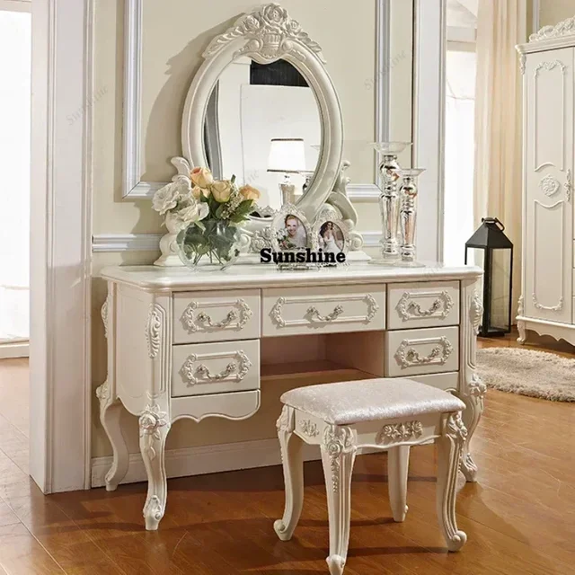 European Dressers for Bedroom Princess Furniture Ins White Dressing Table Makeup Vanity Table with Light Mirror SetY