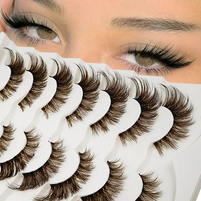 7 Pairs of Transparent Stem Brown False Eyelashes, 8D Fluffy Artificial Fox Eye False Eyelashes, Natural and Vivid Eye Makeup