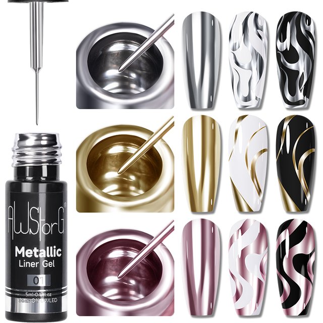 AWStorG 1/3 Pcs Metallic Liner Paint Gel Nail Polish Chrome Mirror Metal Effect Super Bright French Semi Permanent UV LED Gels