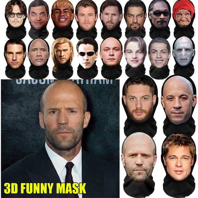 NEW 2026 3D Seamless Mask Funny Face Printed Head Scarf Celebrity Ice Silk Sunscreen Head Mask Halloween Cosplay Props