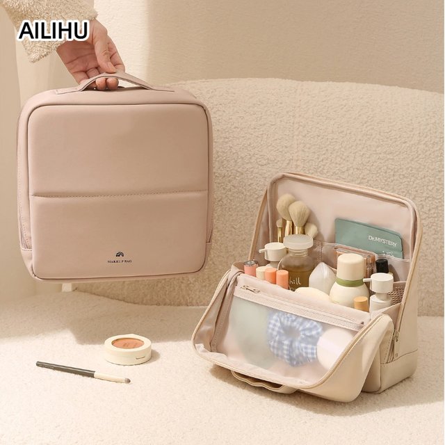 Cosmetic Bag PU Vertical Organizer Handheld Travel Toiletry Bag Multicompartment Cosmetics Storage Pouch For Home Outdoor Use