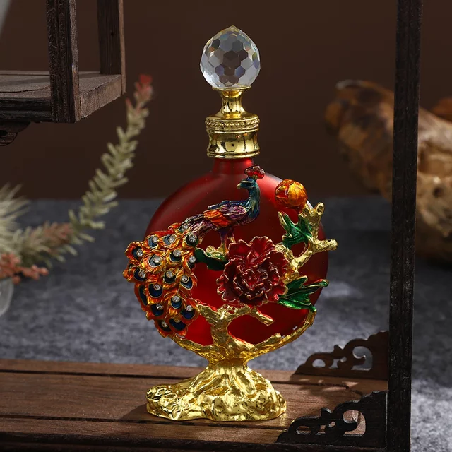 Mini bouteille en verre avec couvercle en cristal de base doré, décor en émail, fleur de paon, bocal rouge conviviale ré africain, parfum, huile essentielle, 140mm, 5,5 po, 30ml