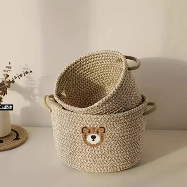 Small Woven Storage Basket Cute Embroidered Bear Label Desktop storage basket for Toys, cosmetics, snacks