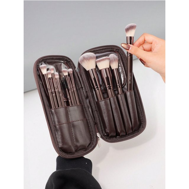12pcs Brown Makeup Brush Set With PU Zipper Bag, Wooden Handle With Soft Synthetic Bristles, Suitable For Face And Eye Makeup