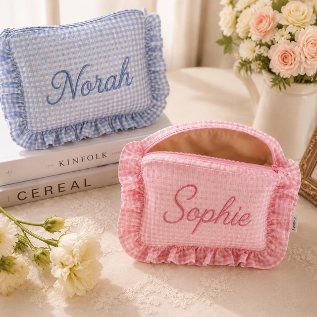 Custom Name Bridesmaid Proposal Pouch, Embroidered Gingham Makeup Bag, Bachelorette Party Gift, Bridal Shower Cosmetic Bag
