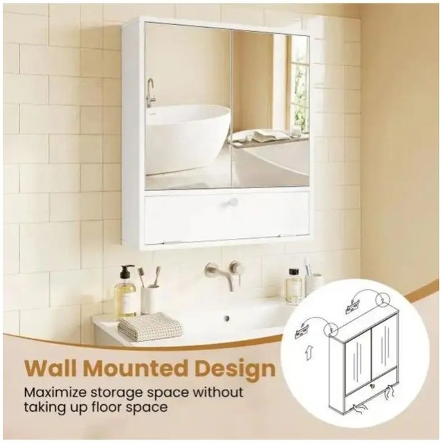 Wall Mounted Bathroom Cabinet With 2 Mirrored Doors And Flip-Down Storage Compartment, Space Saving Medicine Cabinet Over Sink For Toiletries, Skincare And Grooming, Minimalist Design For Small