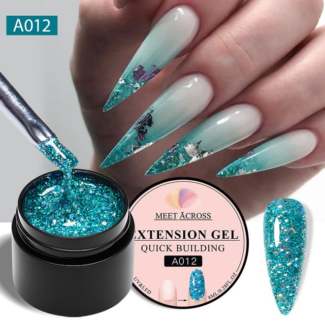 MEET ACROSS 8ML Blue Glitter Nails Extension Gel Nail Polish Sequins Glitter Effect Semi Permanent UV LED Gel Nail Art Hard Gel