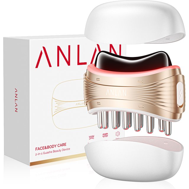 ANLAN 2 In 1 Gua Sha Massager Natural Jade Massage Head 3-Color LED Skincare Microcurrent Scalp Care Vibration Massage Comb