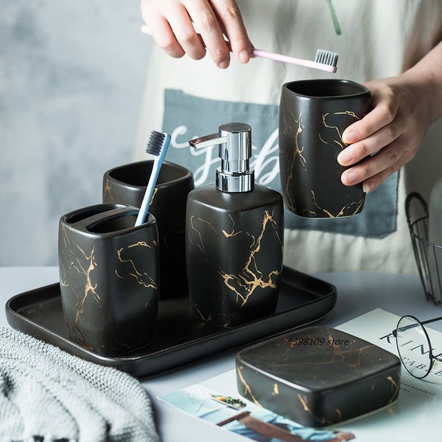 Black marble ceramic bathroom accessories set soap dispenser / toothbrush holder box tray household supplies