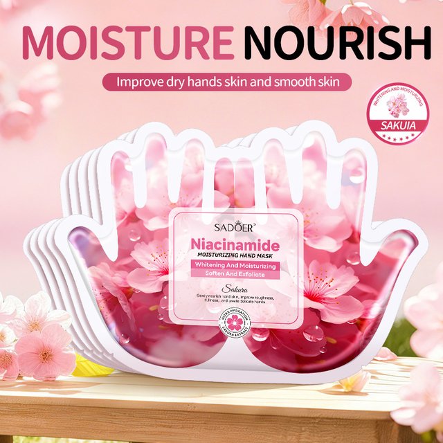 5 Pairs SADOER Sakura Niacinamide Hand Mask Moisturizing Whitening Exfoliating Nourish Hand Care Gloves For Dry Aging Hands Skin