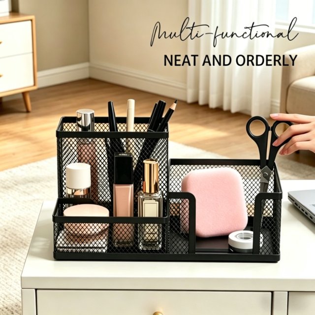 1pc Black Mesh Makeup Organizer, 3-Tier Storage with Brush Holder & Baskets, Multifunctional Cosmetic Supplies for Vanity Desk