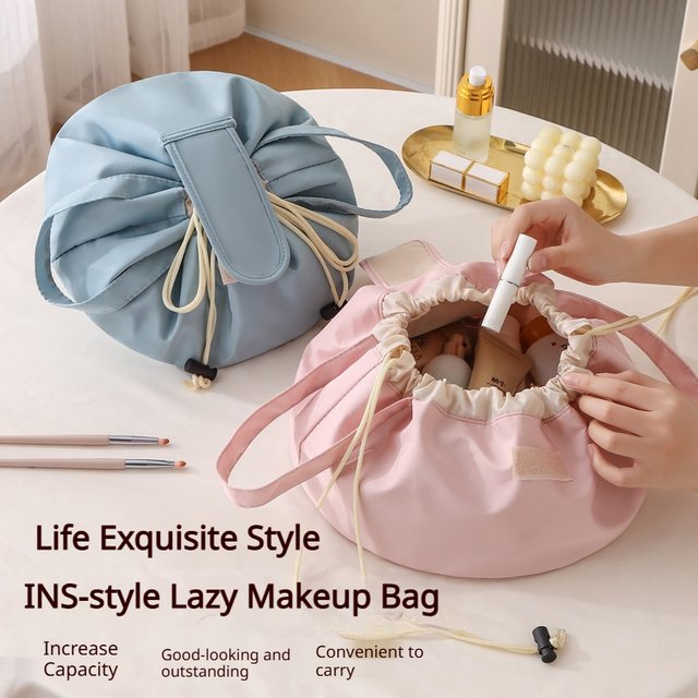 Lazy Drawstring Makeup Bag Large Capacity Portable Travel Cosmetic Bag Multifunctional Handheld Toiletry Storage Bag for women