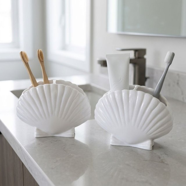 3D Seashell Shell Toothbrush Holder Coastal Style Aesthetic Makeup Brush Holder Beach Theme Plastic Desktop Storage Box