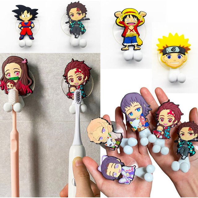 Anime Demon Slayer One Piece Naruto Doll Toy Toothbrush Holder Nezuko Tanjirou Wall Mounted Bathroom Toothbrush Shelf Towel Rack