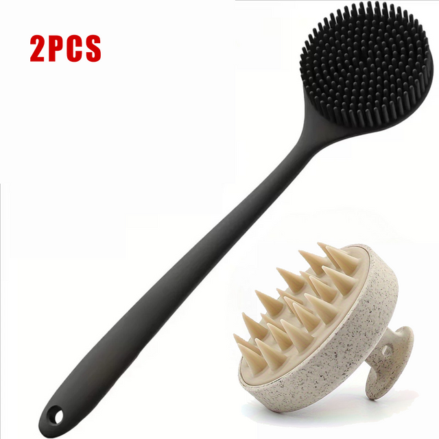2PCS Set Silicone Body Scrubber Shampoo Brush Scalp Massage Comb Soft Bath Massage Scrubber Bath Brush Bathroom Accessories