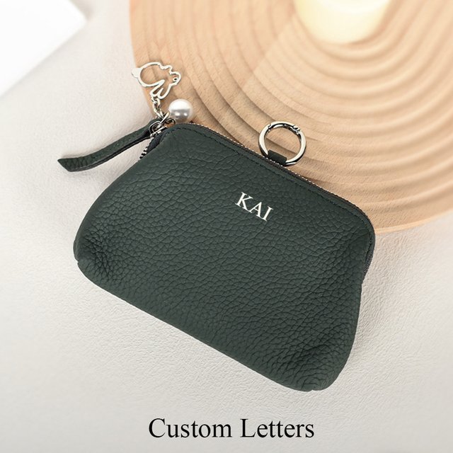Soft Gnuine Leather Pouch Wallet With Keyring Custom Name Zip Women Coin Purse Engrave Letters Makeup Card Money Clutch Bag