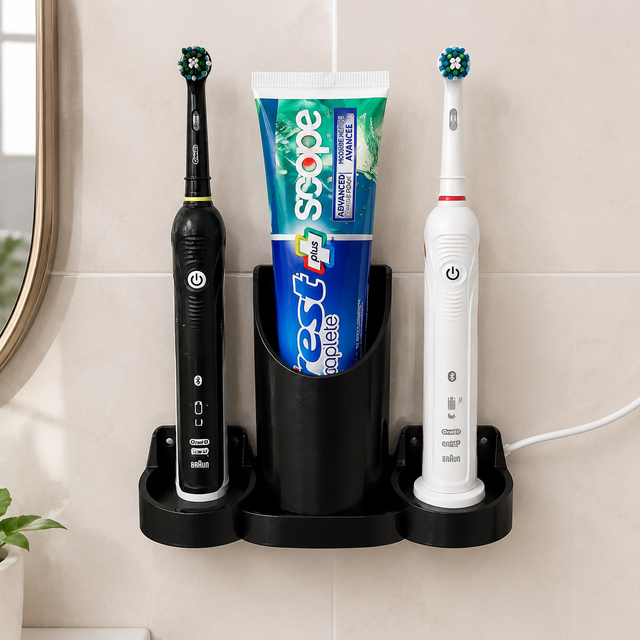 Electric Toothbrush Holder Compatible with Oral-B, Toothpaste Organizer with Dual Charger Base, Space Saving Wall Mount