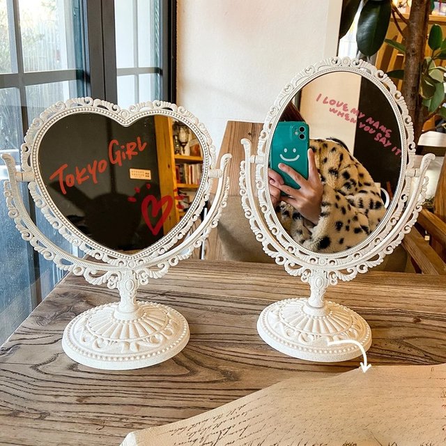Double Sided 360° Rotation Retro Makeup Mirror Desktop Vanity Mirror for Bedroom Decor Ideal Gift for Girls