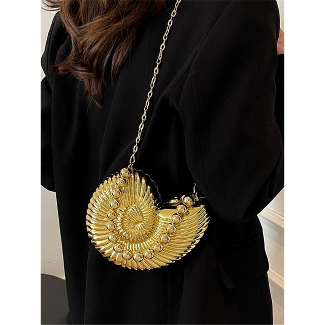 Golden Conch Shaped Shoulder Bag, Detachable Shoulder Strap, Lipstick Pouch, Elegant Shoulder Bag, Suitable For Evening Outings