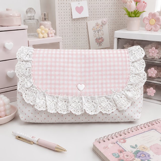 Pink Plaid Lace Storage Bag with Polka Dot Bow, Cute and Stylish Flip-Top Makeup Bag for Girls, Storage Bag for Middle School Students, Pencil Case, 1 Pink Plaid Lace Storage Bag, Compact