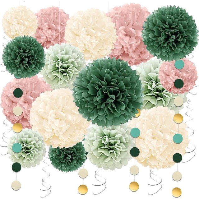 23Pcs Sage Green Pom Poms,Blush Pink Ivory Boho Paper Flowers,Circle Dot Banner&Hanging Swirls-Wedding Engagement Birthday Decor
