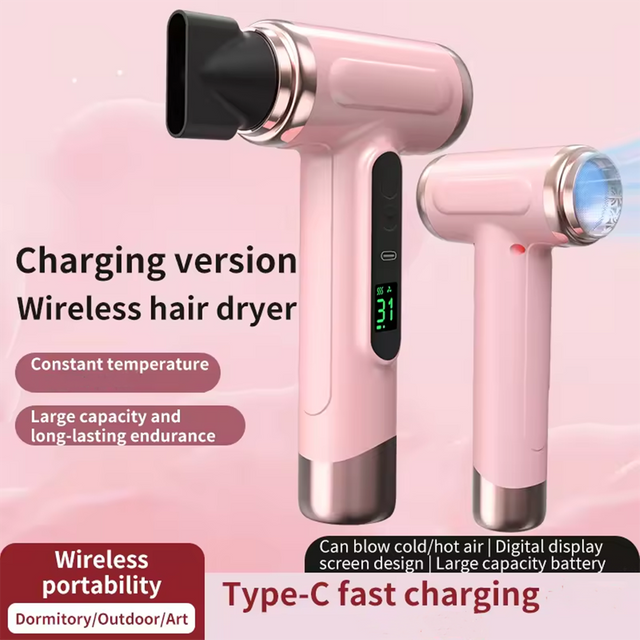 Portable Hair Dryer USB Charging Hot and Cold Air Hair Dryer Cordless Lightweight with Nozzle for Travel Student Dormitory