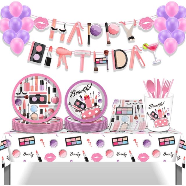 Cosmetics Spa Party Disposable Tableware Tablecloth Banner Red Lip Lipstick Foil Balloon Girls Birthday Women Makeup Party Decor
