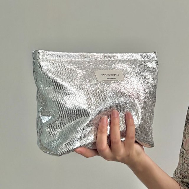 Portable Shiny Sequins Makeup Bag Silver Solid Color Cosmetic Bag Champagne Toiletries Skincare Storage Bag