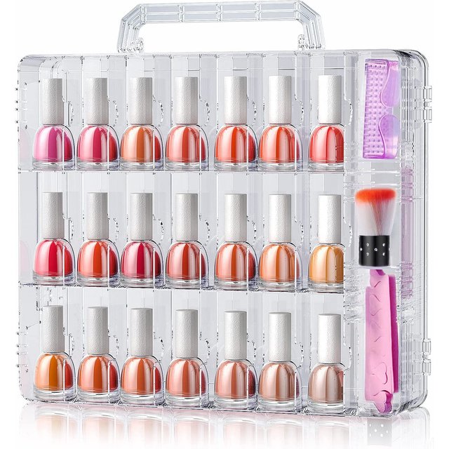 Portable Nail Polish Organizer Clear Double Side Nail Polish Holder Gel Nail Storage for 48 Bottles with 6 Adjustable Dividers