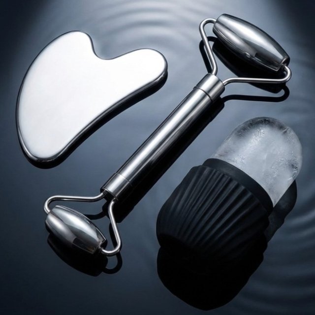 Rouleau de massage facial en acier inoxydable et outil Gua Sha, ensemble de soins de la peau, outils de beauté