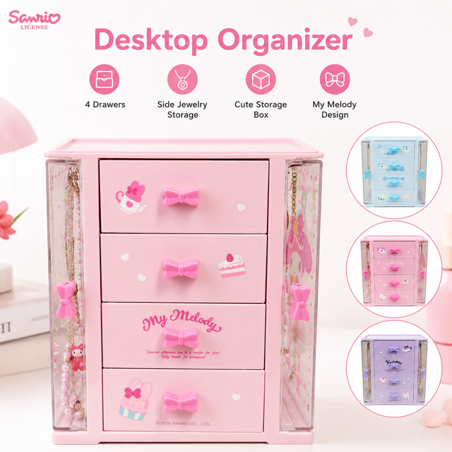 Kawaii Sanrio 4 Drawer Desktop Storage Cabinet My Melody Jewelry Trinket Organizer Box Plastic Cosmetic Small Accessories Drawer