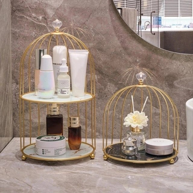 Luxury Iron Art Cosmetic Shelf Large-capacity Double-layer Makeup Storage Shelf Dressing Table Bird Cage Holder Makeup Organizer