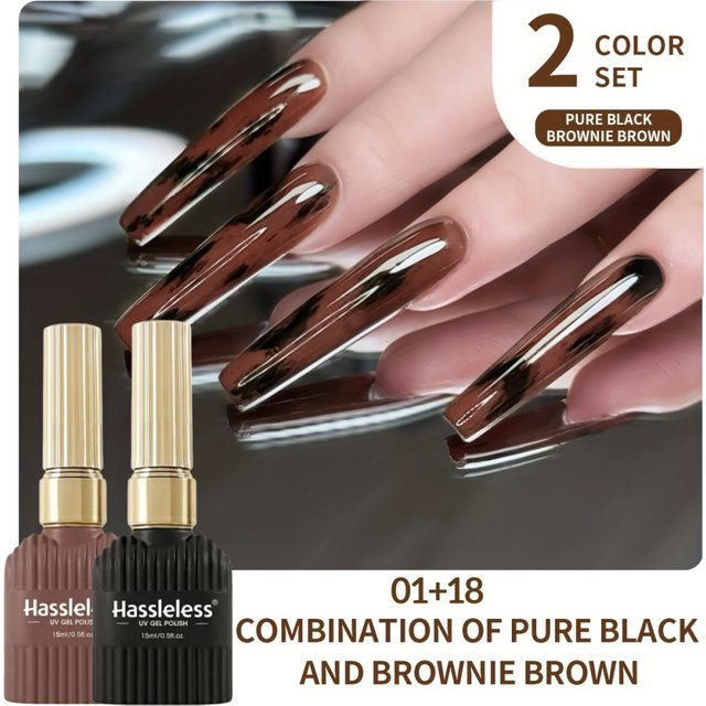 Hassleless Brownish Black Two-Tone Nail Polish Gel Set of 2, Trendy Retro Autumn Color Series, Vintage Melard Autumn Nail Color Series, Glossy Solid Color Nail Gel, Fashionable Autumn/Winter DIY Nail