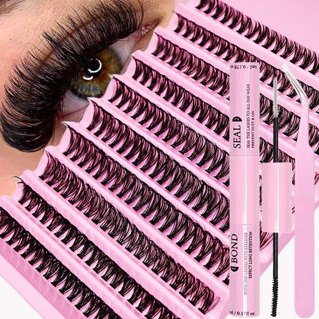 DIY D Curl Cluster Lash Extension Kit, Complete Eyelash Set with Glue, Sealant & Application Tweezers for Beginner Home Makeup