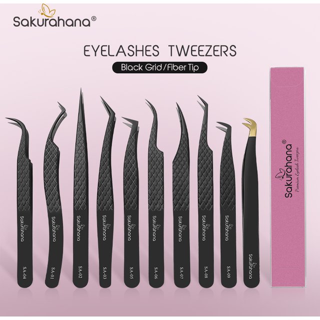 SAKURAHANA Professionelle Wimpernpinzette, schwarze Faserspitze für Wimpernverlängerungen, Mega-Volumen, Nerz-Wimpern, Werkzeug, Make-up-Künstler-Set