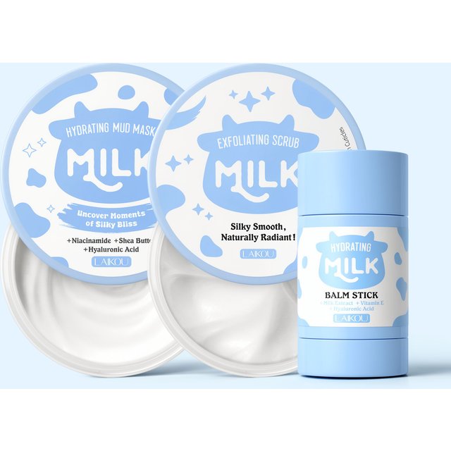 LAIKOU Milk Skincare Set,Milk Body Scrub 90g,Mud Facial Mask 90g,Moisturizing Balm Stick 40g,Cleansing Hydrating Skin Care Combo