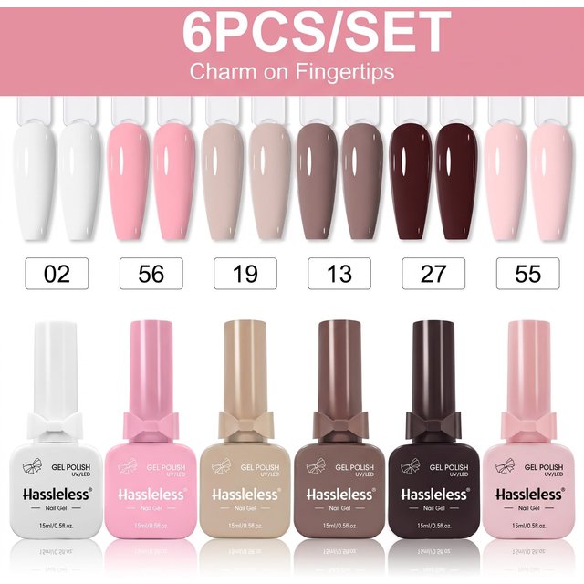 Hassleless 6-piece nail polish set, 15ml large bottles, removable, provides even and full color coverage, long-lasting color lock that is not easy to peel off, salon-quality, suitable for beginners