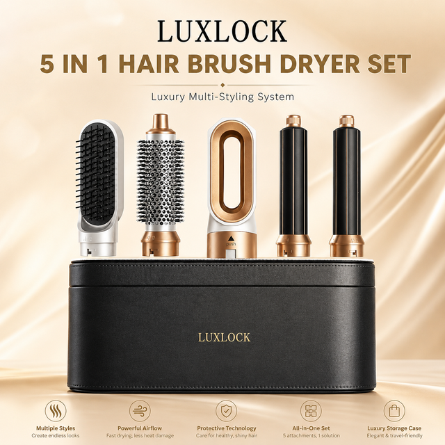 LUXLOCK 5-In-1 Brush Styling Set Includes Hair Dryer Curling Iron Hot Air Comb Straight Hair Brush Styling Accessories Gift