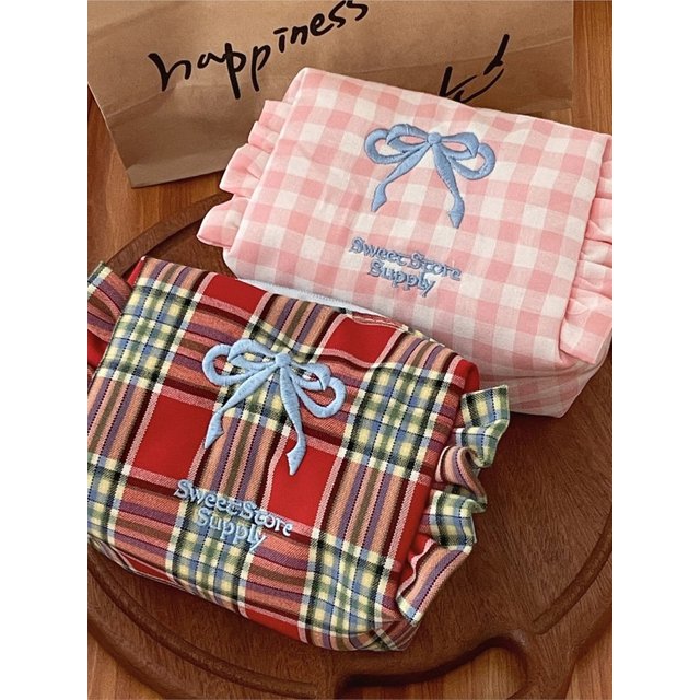 Kawaii Cosmetic Bag Plaid Bow Makeup Bag Cute Small Bag Girl's Sweet Style Ruffled Makeup Trousse Maquillage Bag Organizer Pouch