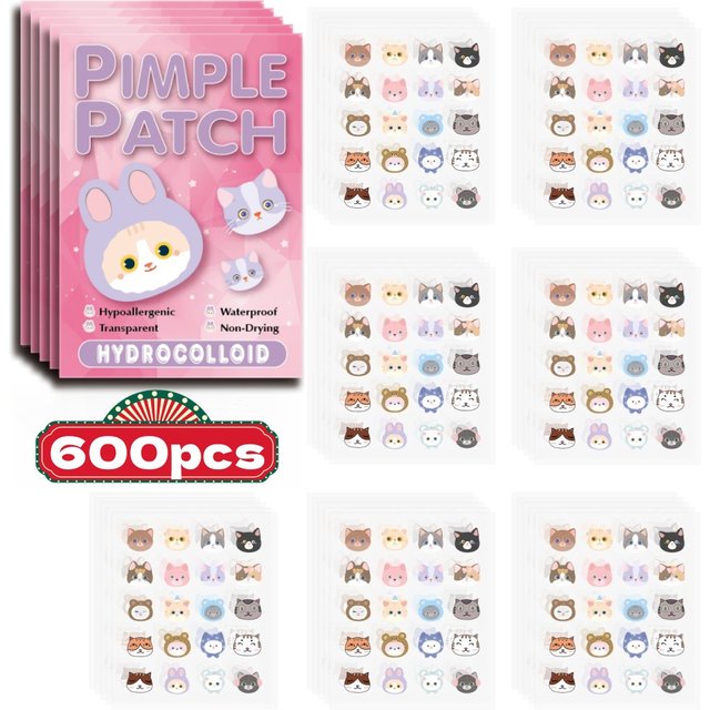 Patch d'acné de dessin animé, patch d'acné correcteur facial en forme de chat mignon, sûr, non toxique, 600 pièces