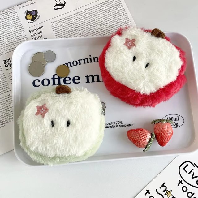 1pc mini cartoon plush red apple coin purse, sundries organizer, lipstick pouch, creative embroidered earphone case