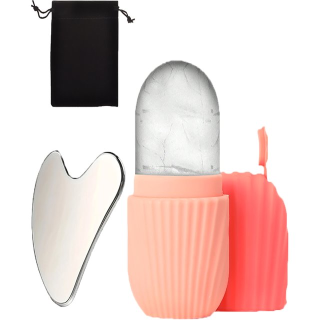 3-piece facial cleansing tool, stainless steel heart-shaped scraping tool, ice facial roller, a flannel bag