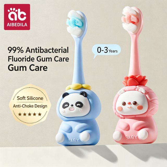 AIBEDILA Baby Training Toothbrush Cartoon Ultra Soft Bristle Safe Anti‑Choke for Toddlers 0‑3 Years Old